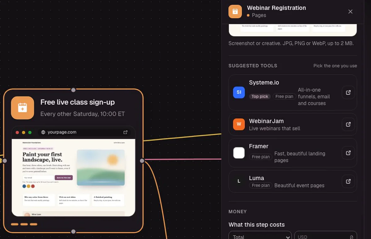 A class sign-up step and its panel: suggested tools Systeme.io, WebinarJam, Framer and Luma, free plans marked